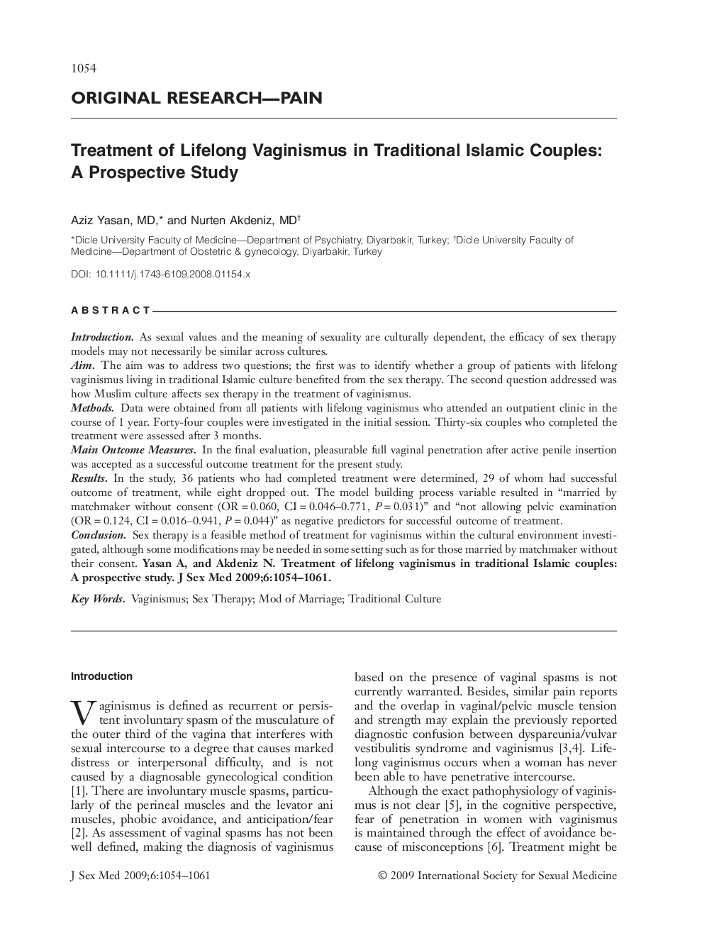 Treatment of Lifelong Vaginismus in Traditional Islamic Couples: A Prospective Study