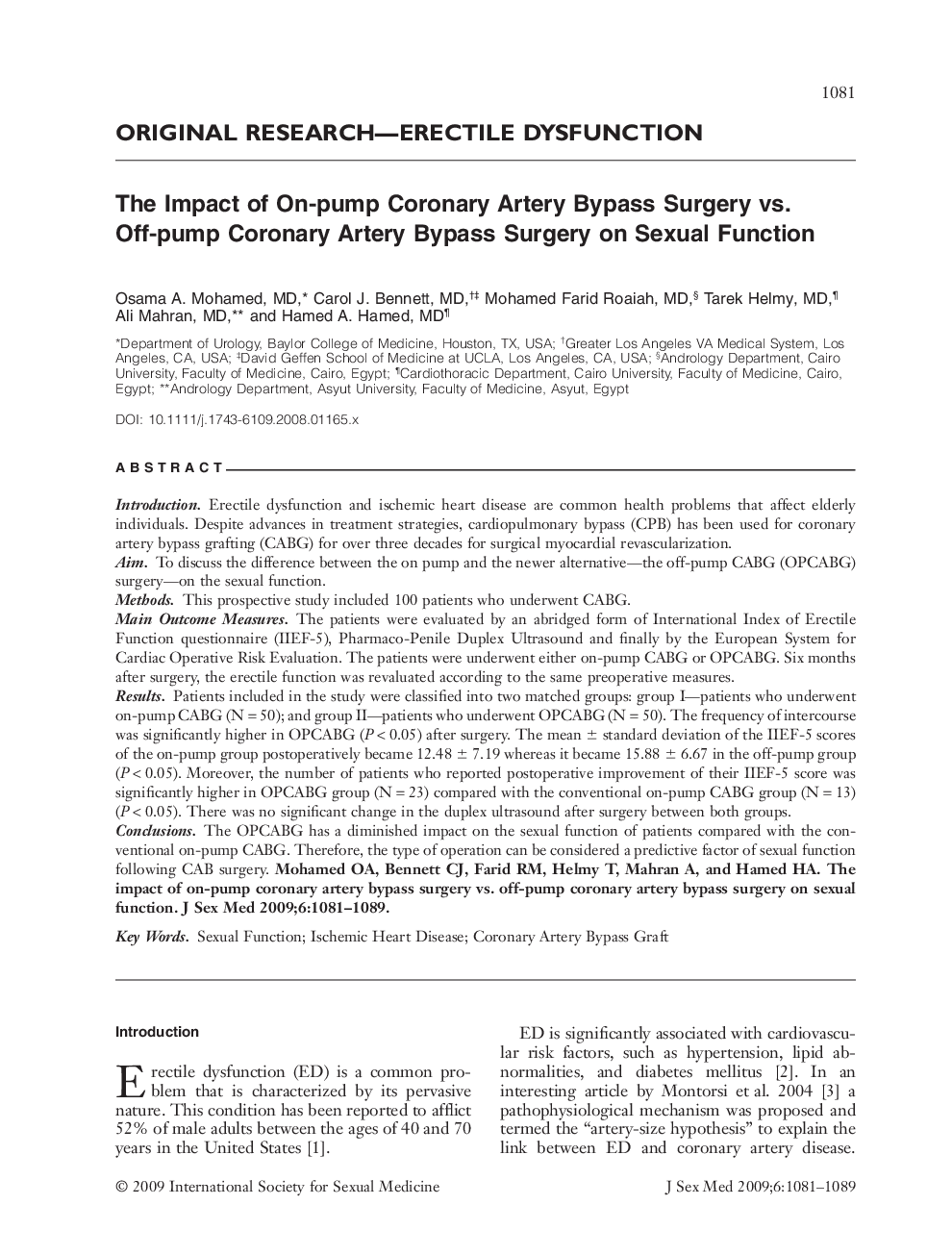 The Impact of On-pump Coronary Artery Bypass Surgery vs. Off-pump Coronary Artery Bypass Surgery on Sexual Function