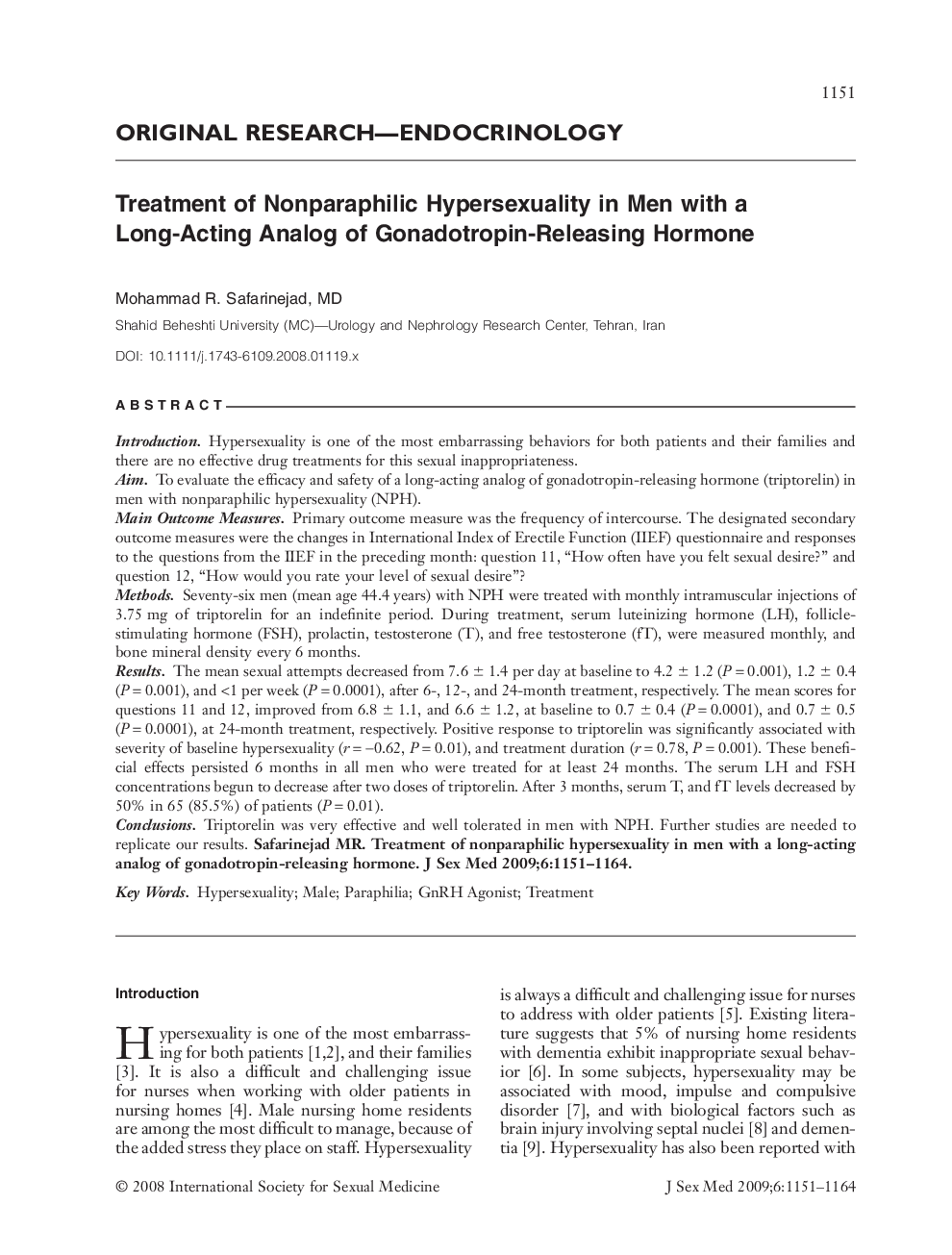 RETRACTED: Treatment of Nonparaphilic Hypersexuality in Men with a Long-Acting Analog of Gonadotropin-Releasing Hormone