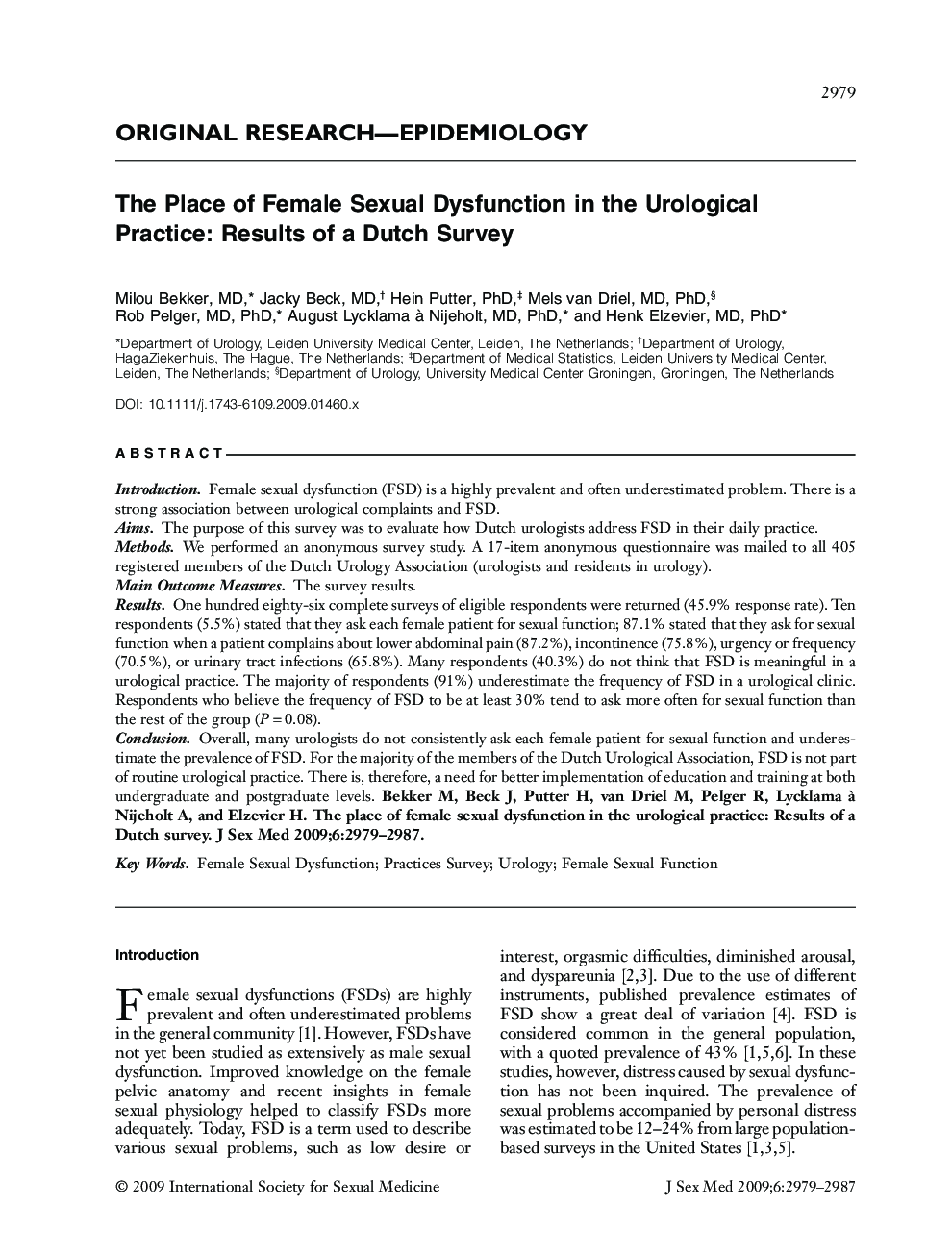 The Place of Female Sexual Dysfunction in the Urological Practice: Results of a Dutch Survey