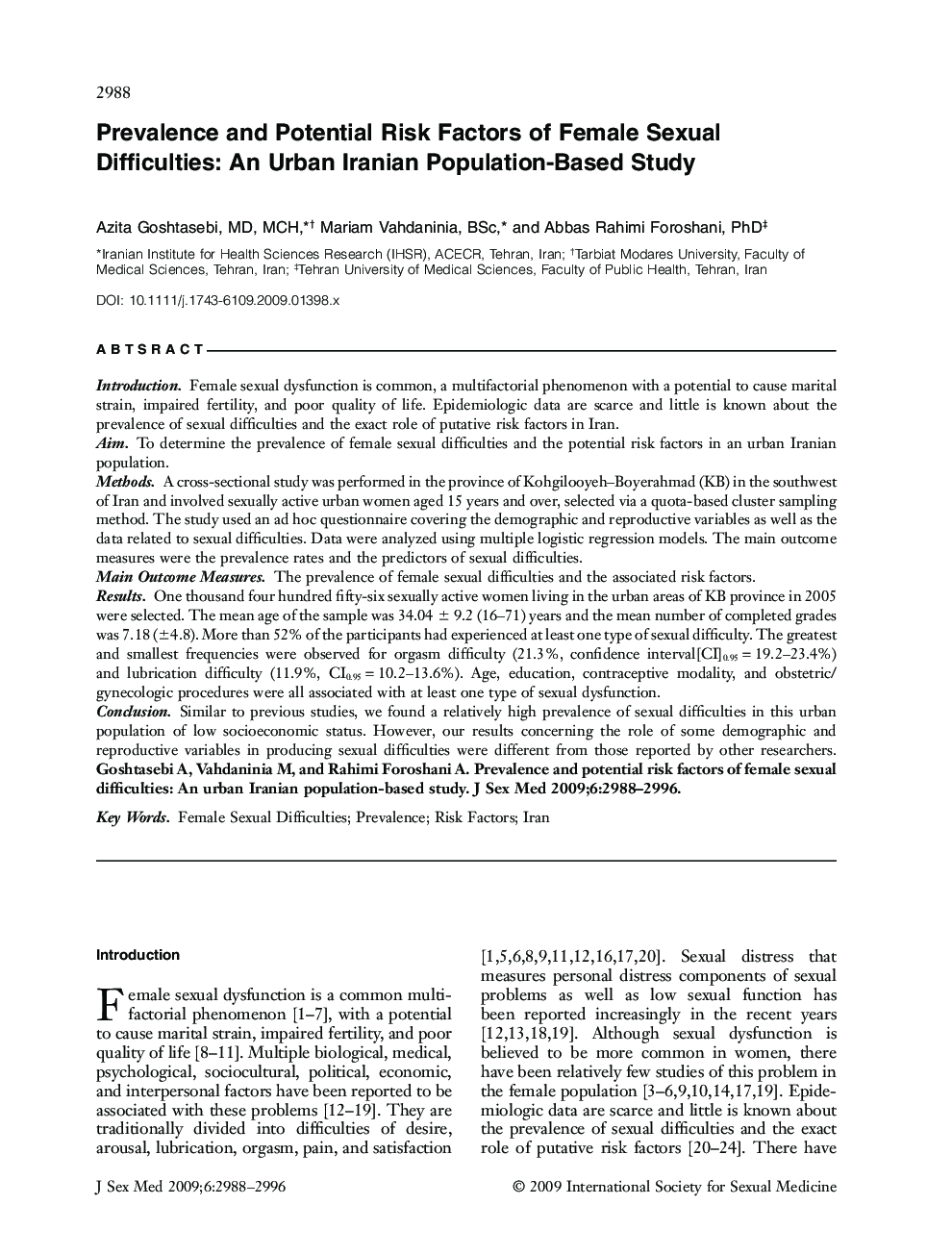 Prevalence and Potential Risk Factors of Female Sexual Difficulties: An Urban Iranian PopulationâBased Study