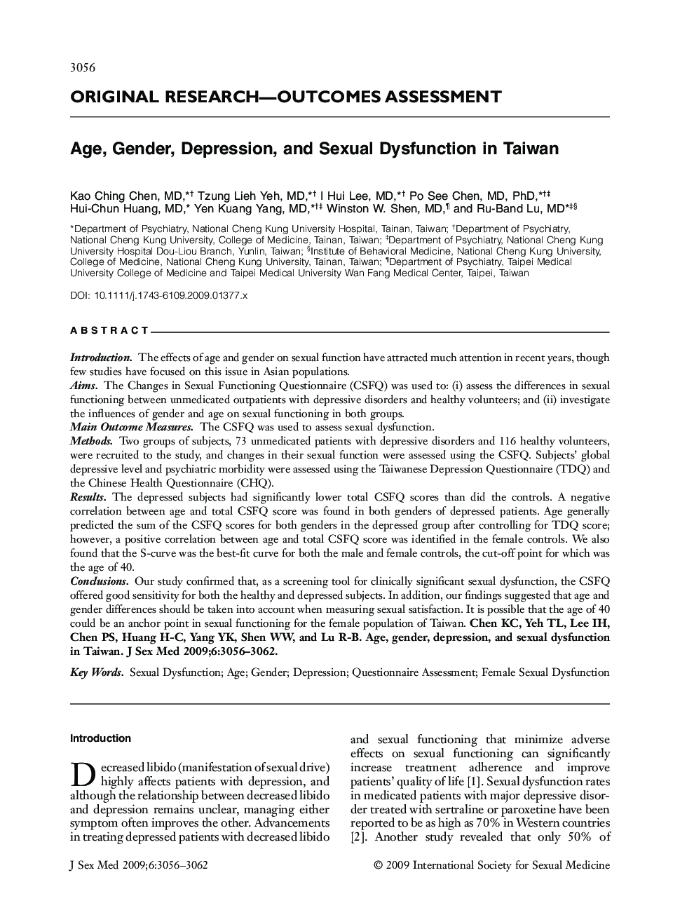 Age, Gender, Depression, and Sexual Dysfunction in Taiwan