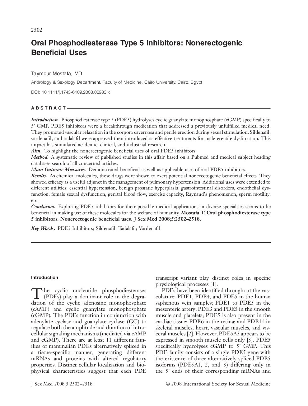 Oral Phosphodiesterase Type 5 Inhibitors: Nonerectogenic Beneficial Uses