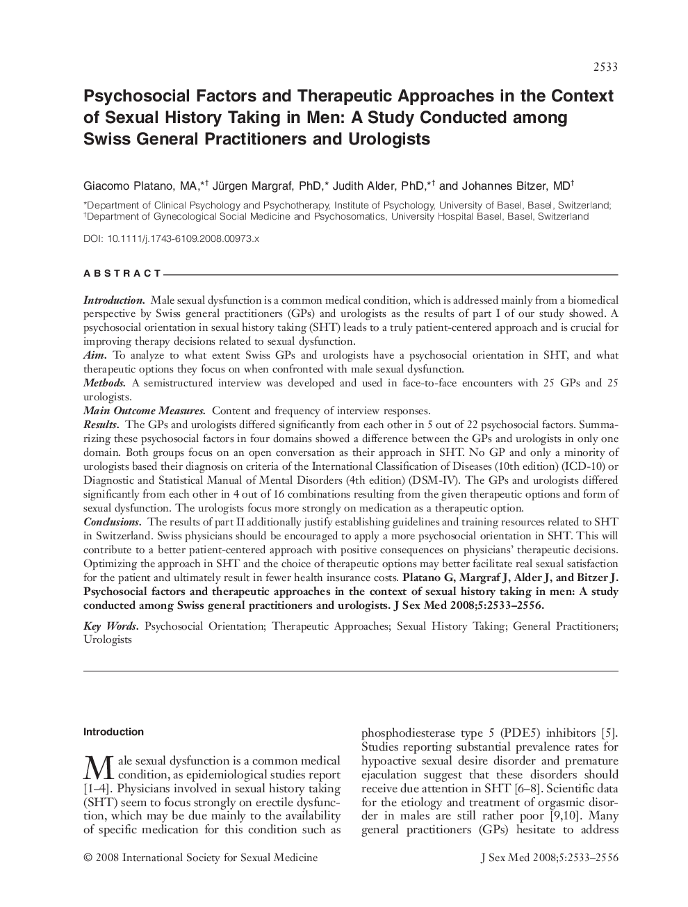 Psychosocial Factors and Therapeutic Approaches in the Context of Sexual History Taking in Men: A Study Conducted among Swiss General Practitioners and Urologists