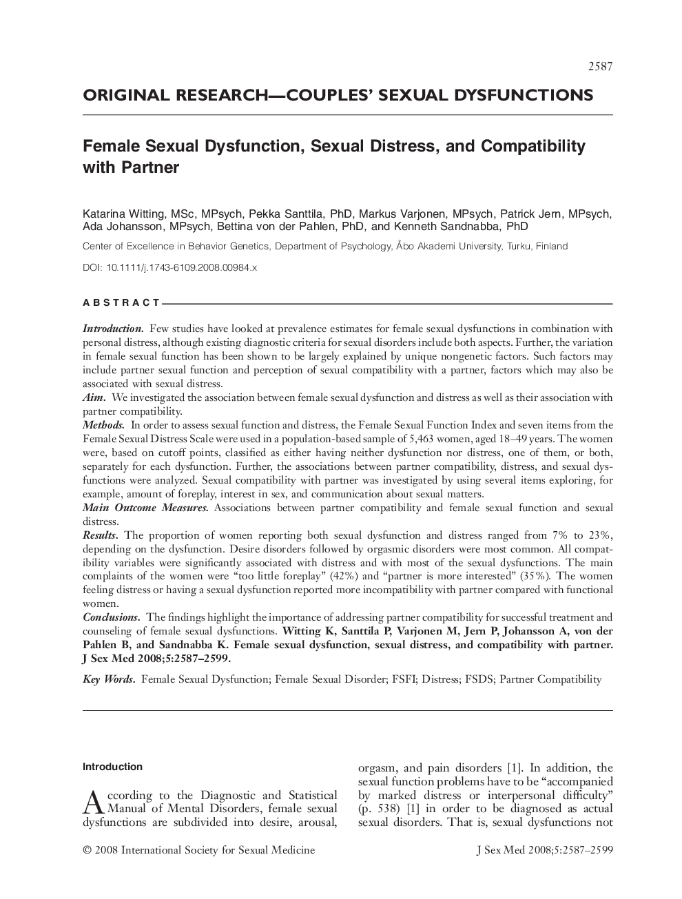 ORIGINAL RESEARCH-COUPLES' SEXUAL DYSFUNCTIONS: Female Sexual Dysfunction, Sexual Distress, and Compatibility with Partner