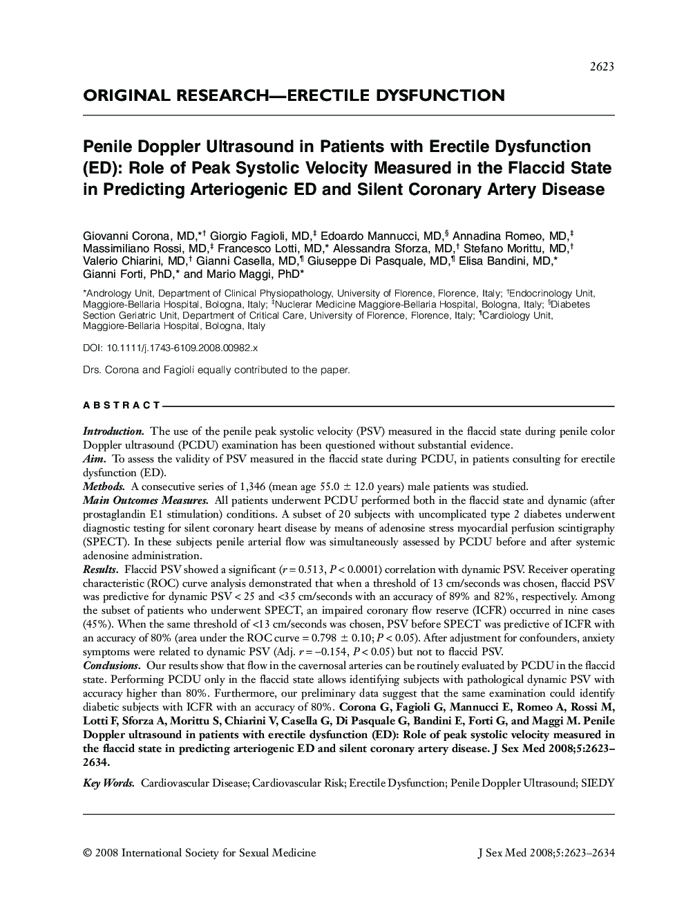 ORIGINAL RESEARCH-ERECTILE DYSFUNCTION: Penile Doppler Ultrasound in Patients with Erectile Dysfunction (ED): Role of Peak Systolic Velocity Measured in the Flaccid State in Predicting Arteriogenic ED and Silent Coronary Artery Disease