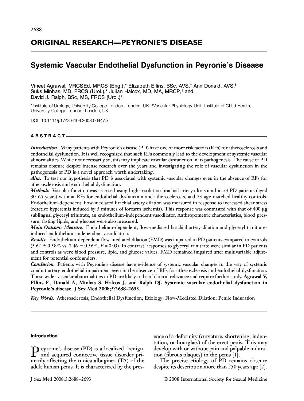 ORIGINAL RESEARCH-PEYRONIE'S DISEASE: Systemic Vascular Endothelial Dysfunction in Peyronie's Disease