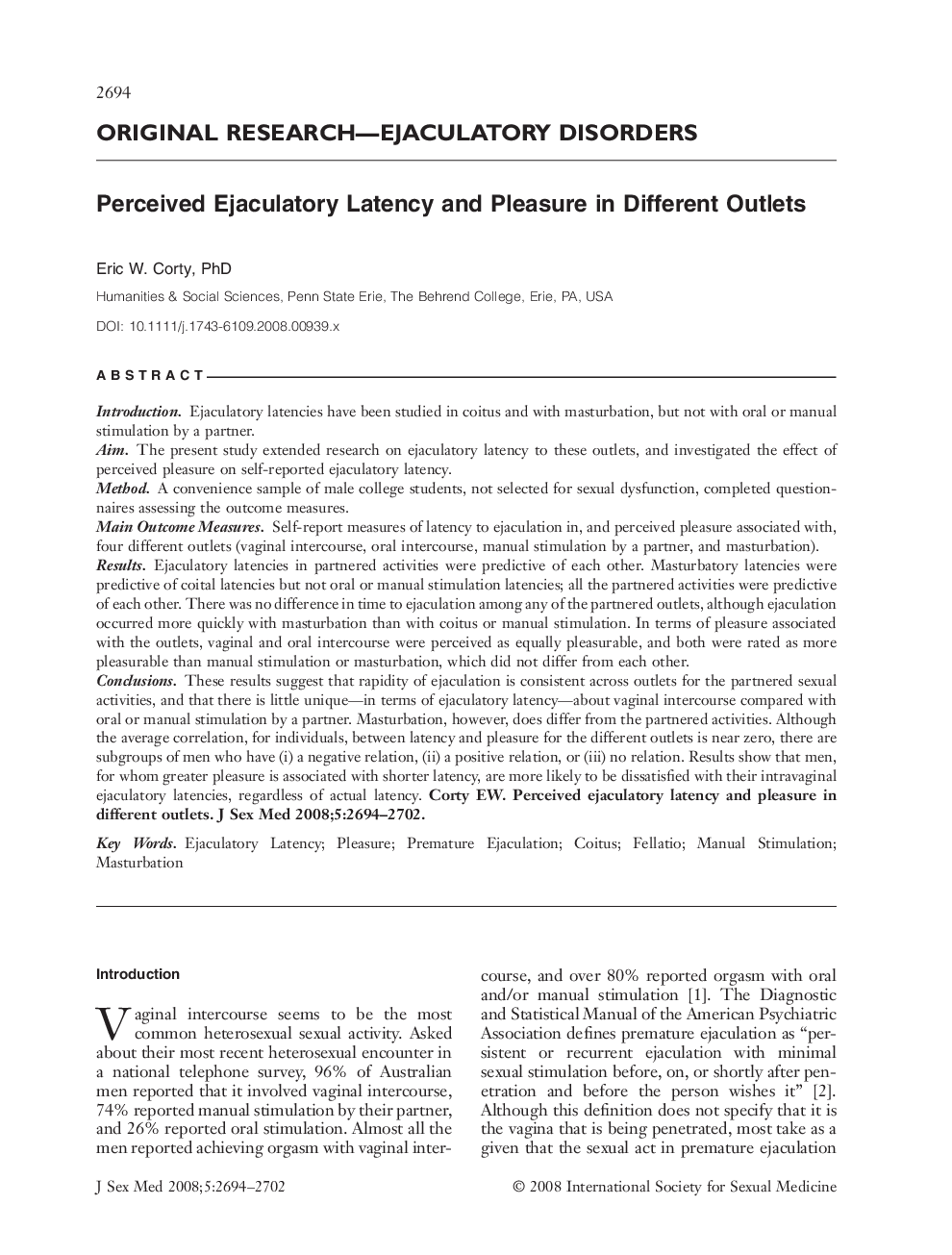 ORIGINAL RESEARCH-EJACULATORY DISORDERS: Perceived Ejaculatory Latency and Pleasure in Different Outlets