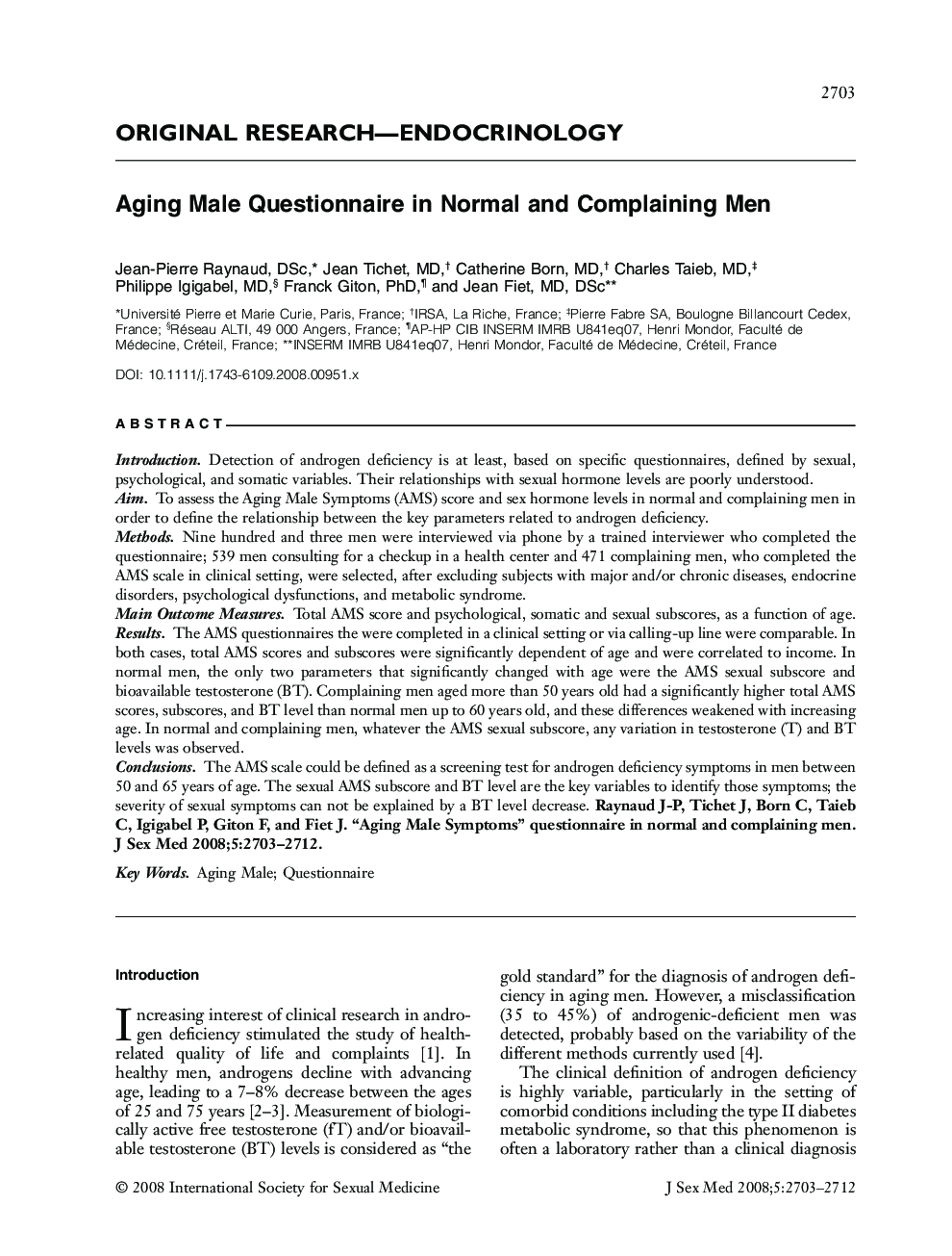 ORIGINAL RESEARCH-ENDOCRINOLOGY: Aging Male Questionnaire in Normal and Complaining Men