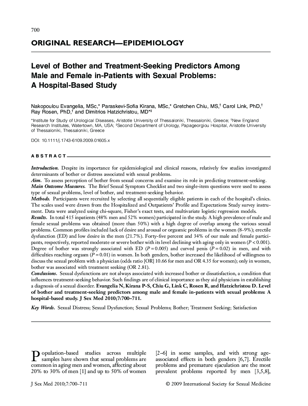 Level of Bother and Treatment-Seeking Predictors Among Male and Female in-Patients with Sexual Problems: A Hospital-Based Study