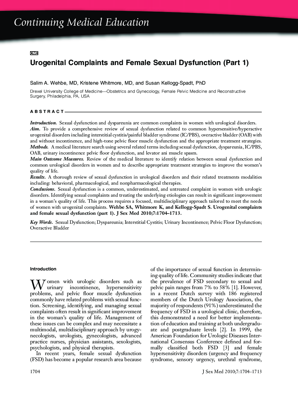 Continuing Medical Education: Urogenital Complaints and Female Sexual Dysfunction (Part 1) (CME)