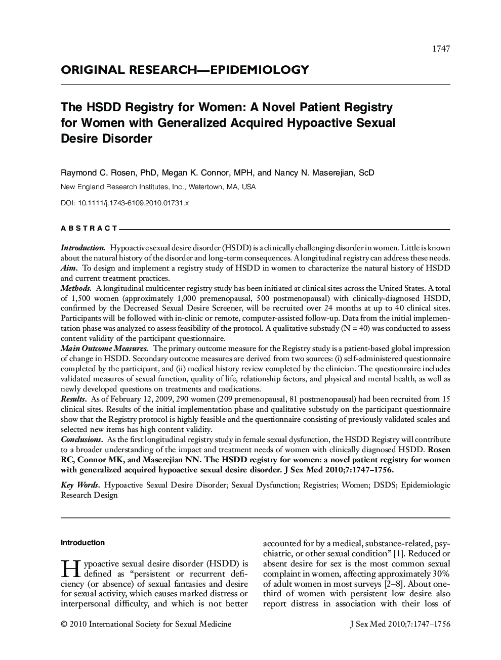 ORIGINAL RESEARCH-EPIDEMIOLOGY: The HSDD Registry for Women: A Novel Patient Registry for Women with Generalized Acquired Hypoactive Sexual Desire Disorder