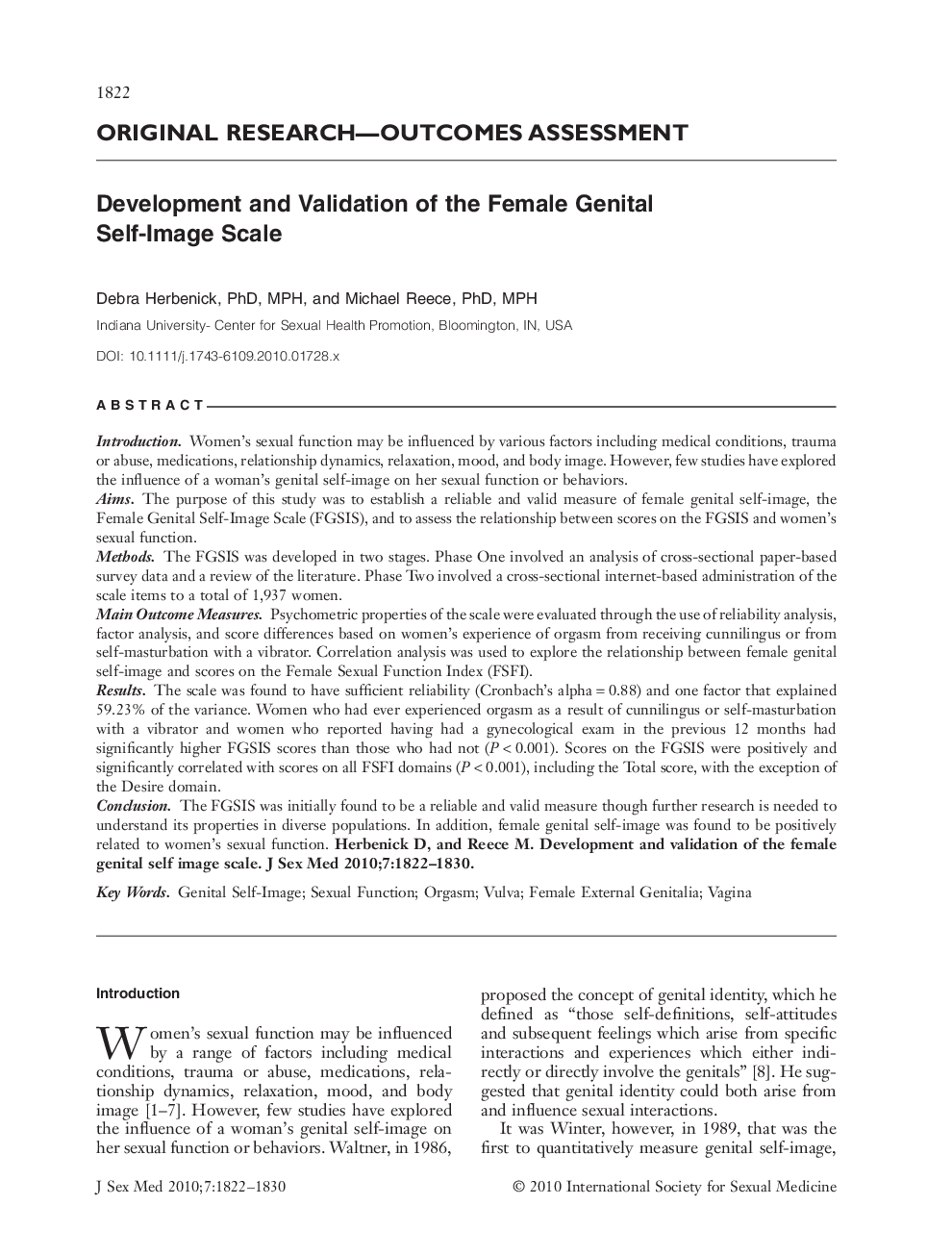 ORIGINAL RESEARCH-OUTCOMES ASSESSMENT: Development and Validation of the Female Genital Self-Image Scale