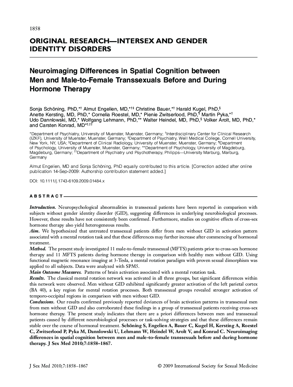 ORIGINAL RESEARCH-INTERSEX AND GENDER IDENTITY DISORDERS: Neuroimaging Differences in Spatial Cognition between Men and Male-to-Female Transsexuals Before and During Hormone Therapy