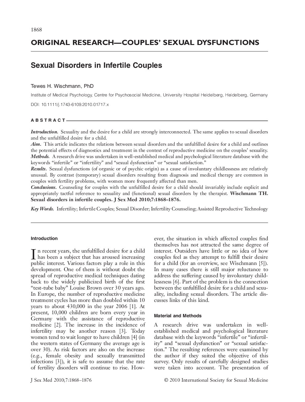 ORIGINAL RESEARCH-COUPLES' SEXUAL DYSFUNCTIONS: Sexual Disorders in Infertile Couples