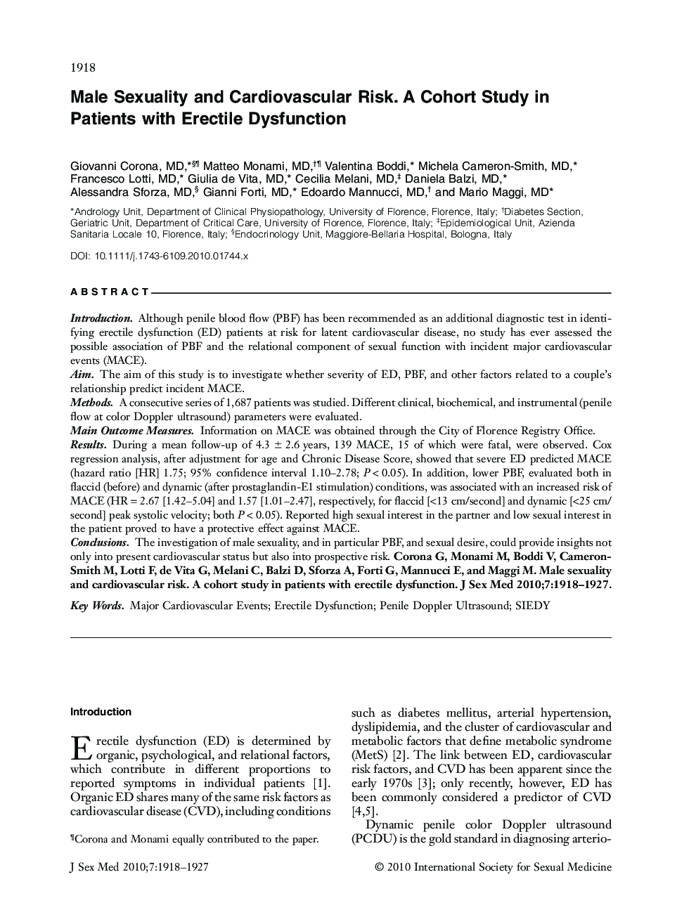 Male Sexuality and Cardiovascular Risk. A Cohort Study in Patients with Erectile Dysfunction