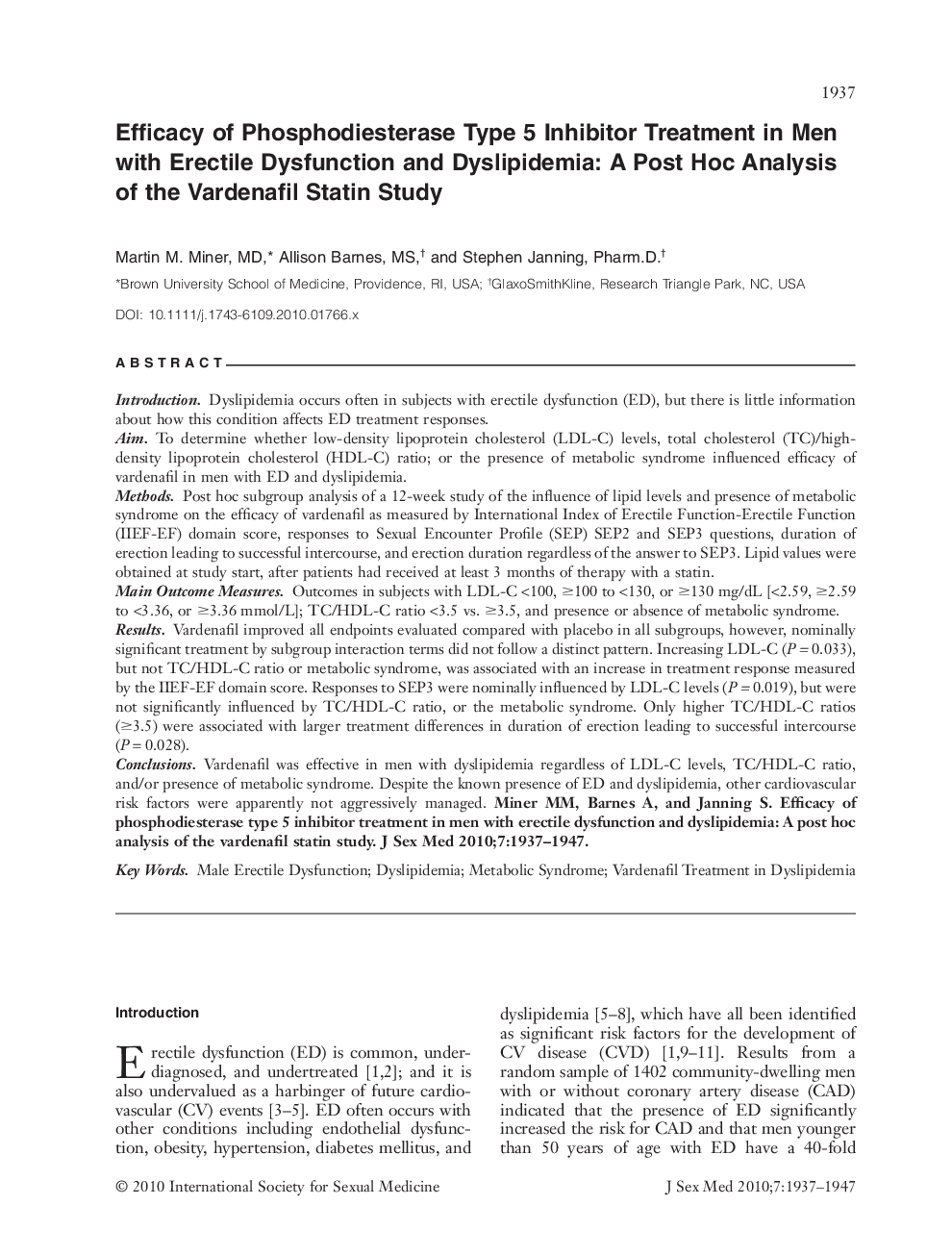 Efficacy of Phosphodiesterase Type 5 Inhibitor Treatment in Men with Erectile Dysfunction and Dyslipidemia: A Post Hoc Analysis of the Vardenafil Statin Study