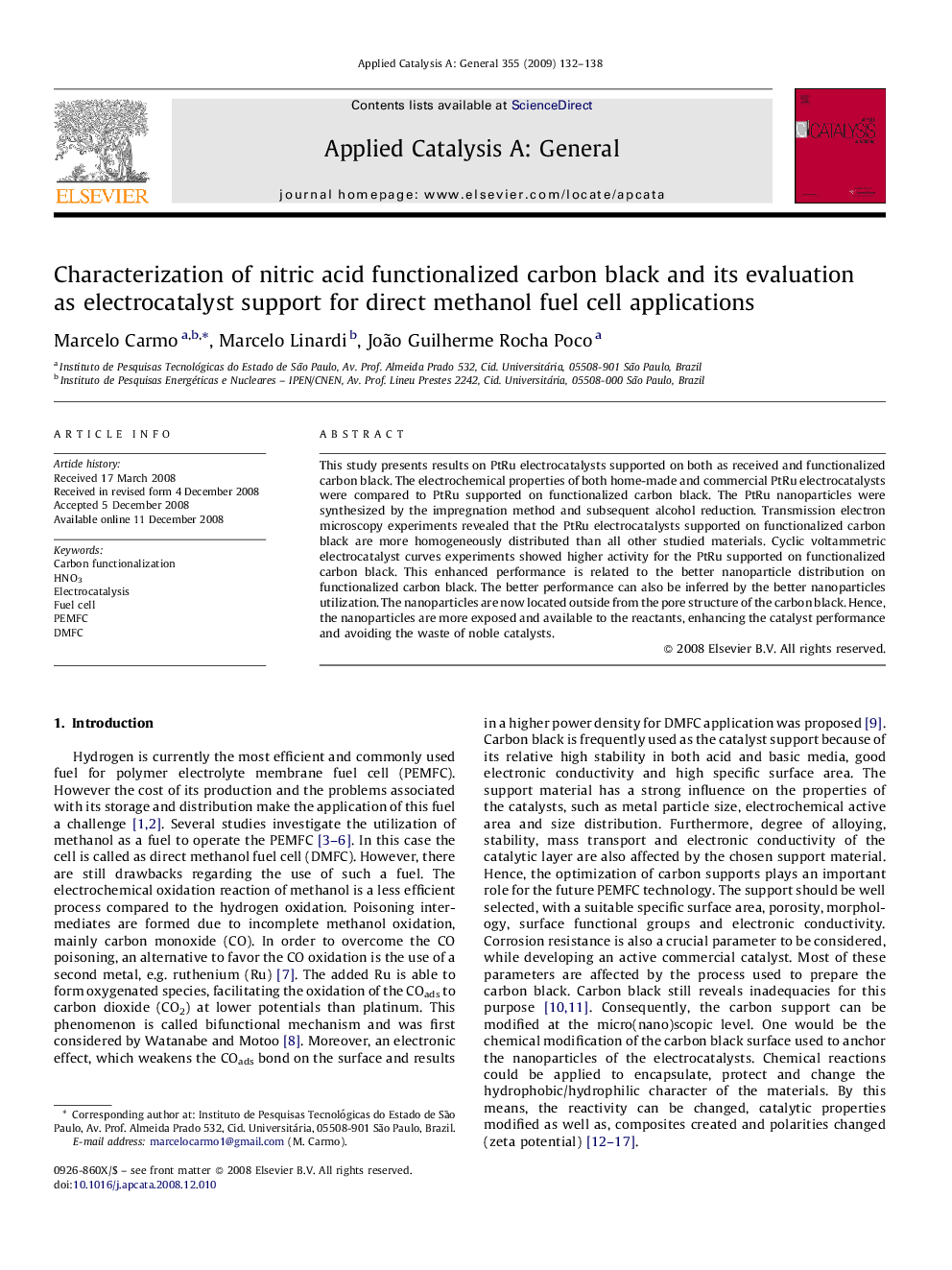 Characterization of nitric acid functionalized carbon black and its evaluation as electrocatalyst support for direct methanol fuel cell applications