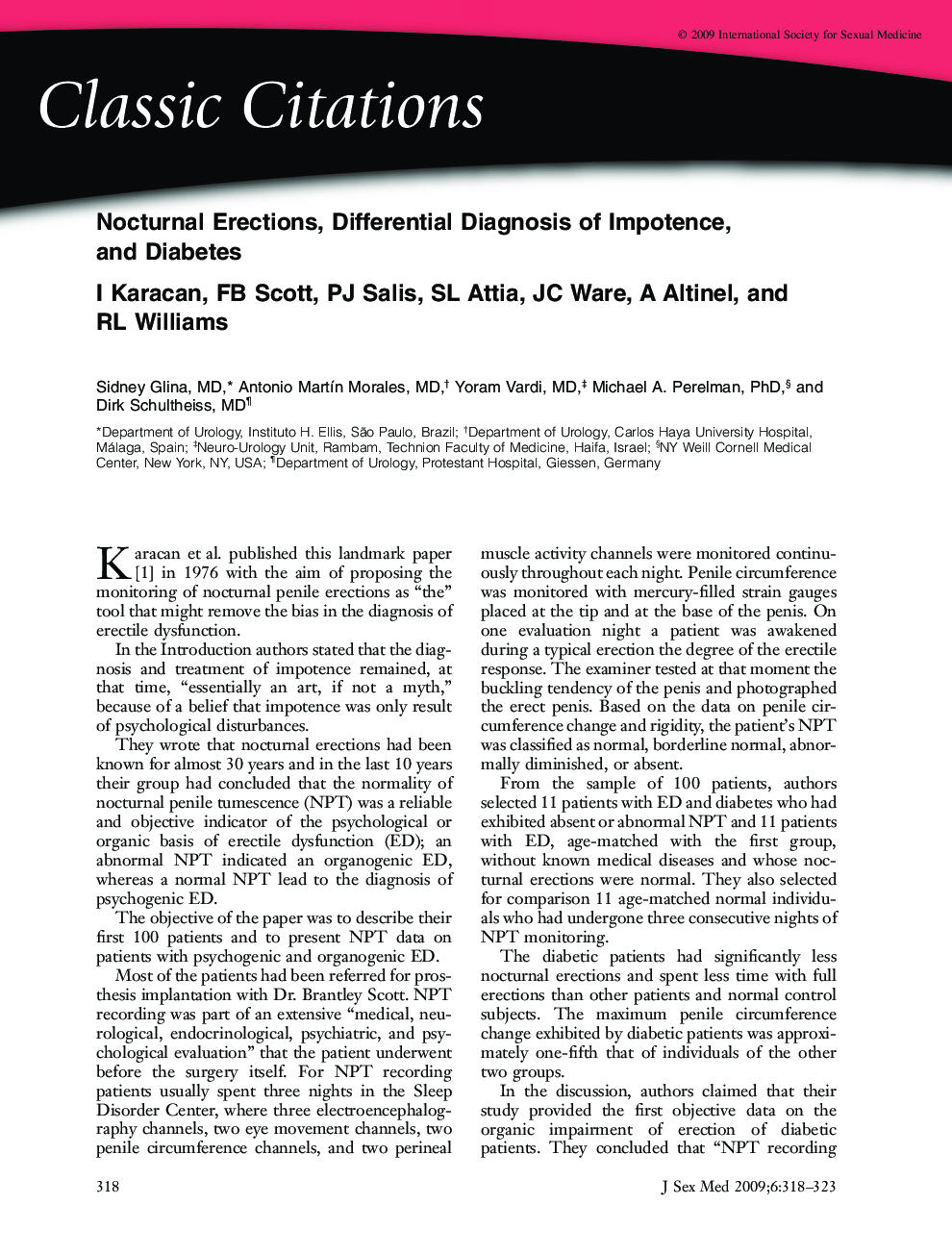 Classic Citations: Nocturnal Erections, Differential Diagnosis of Impotence, and Diabetesâ¨I Karacan, FB Scott, PJ Salis, SL Attia, JC Ware, A Altinel, and RL Williams