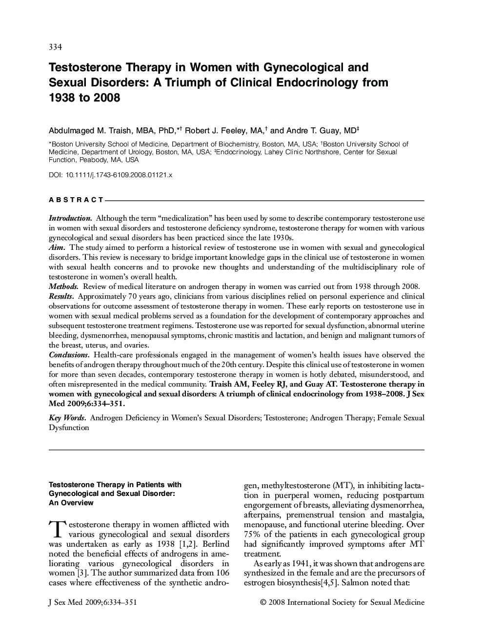 Testosterone Therapy in Women with Gynecological and Sexual Disorders: A Triumph of Clinical Endocrinology from 1938 to 2008