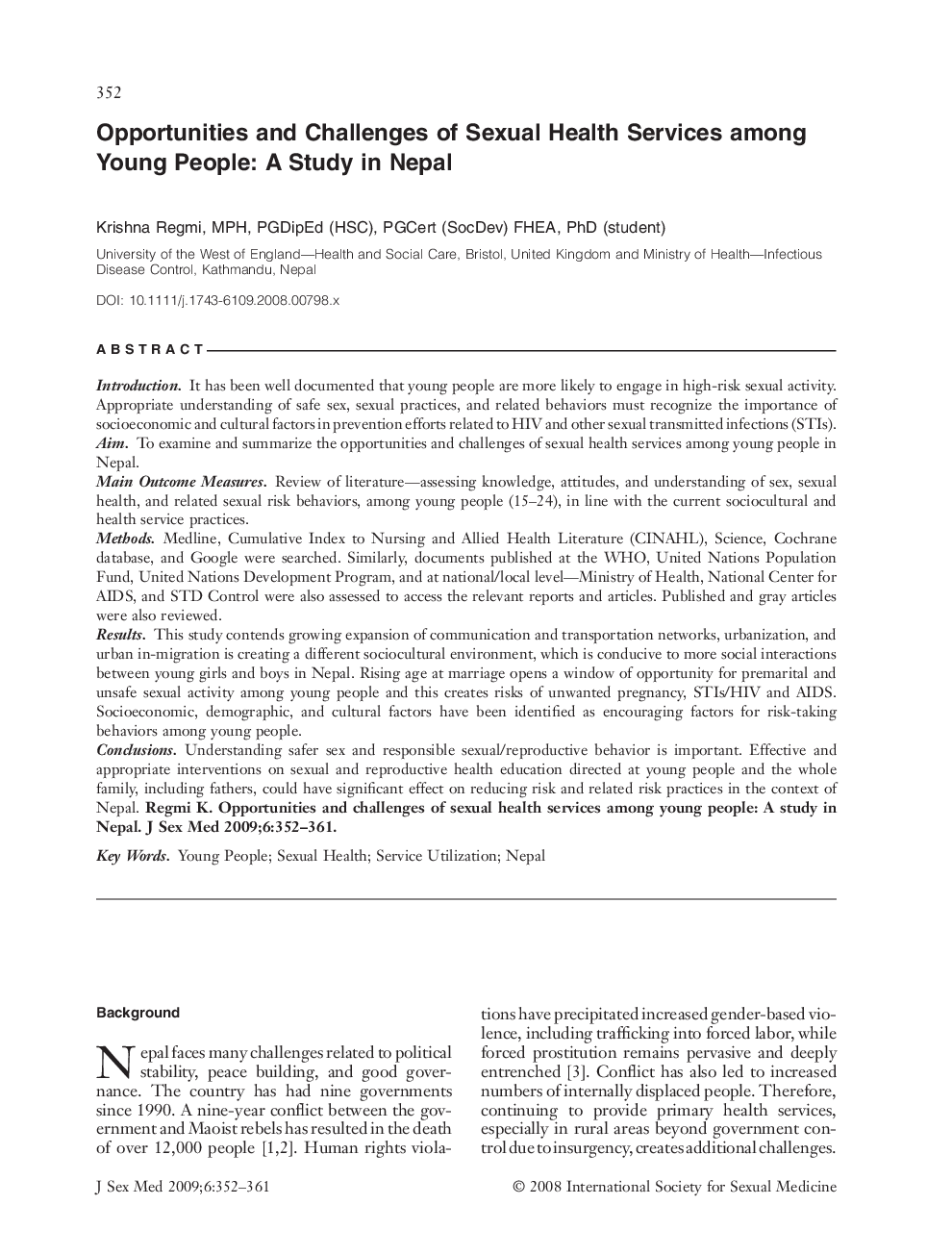 Opportunities and Challenges of Sexual Health Services among Young People: A Study in Nepal