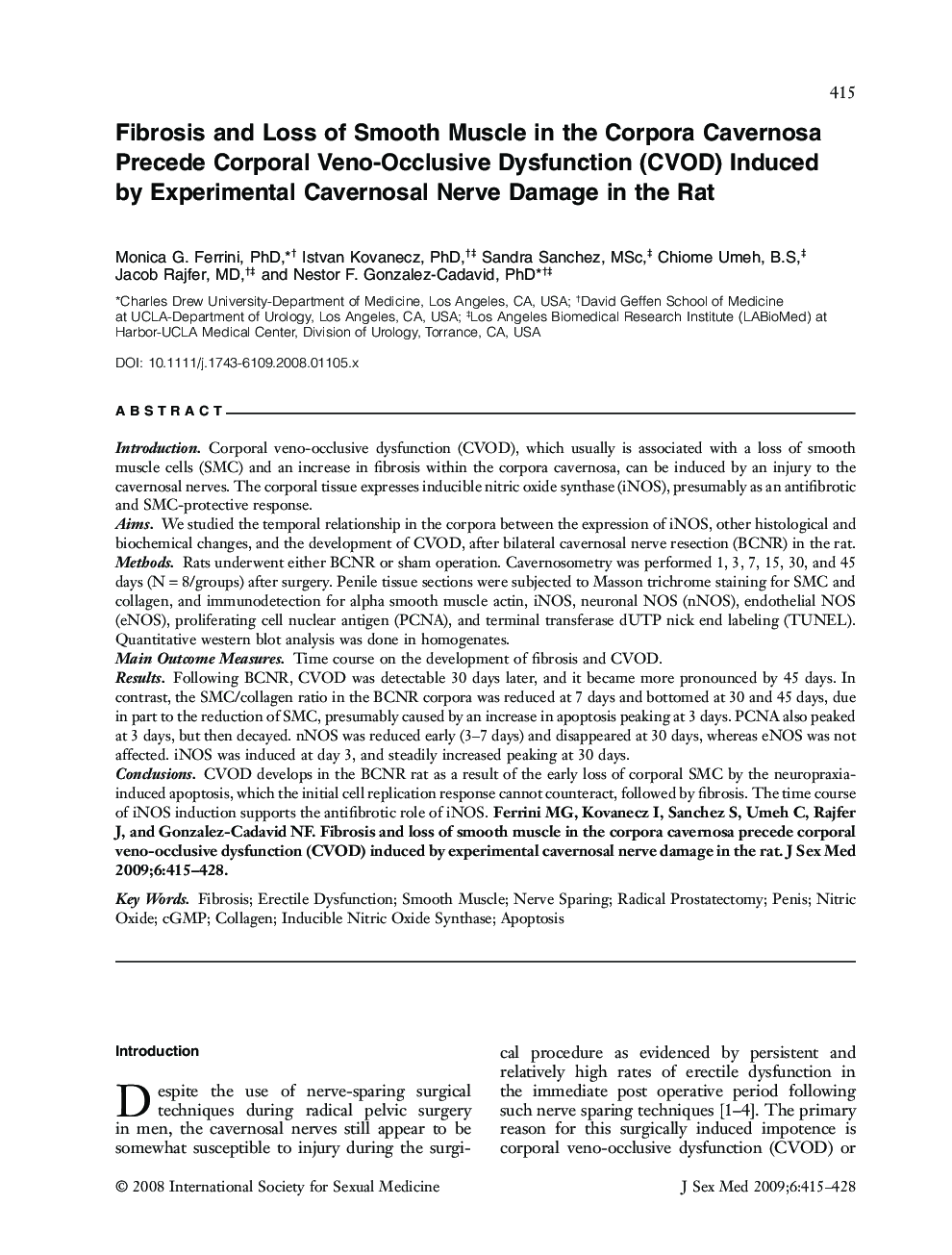 Fibrosis and Loss of Smooth Muscle in the Corpora Cavernosa Precede Corporal Veno-Occlusive Dysfunction (CVOD) Induced by Experimental Cavernosal Nerve Damage in the Rat