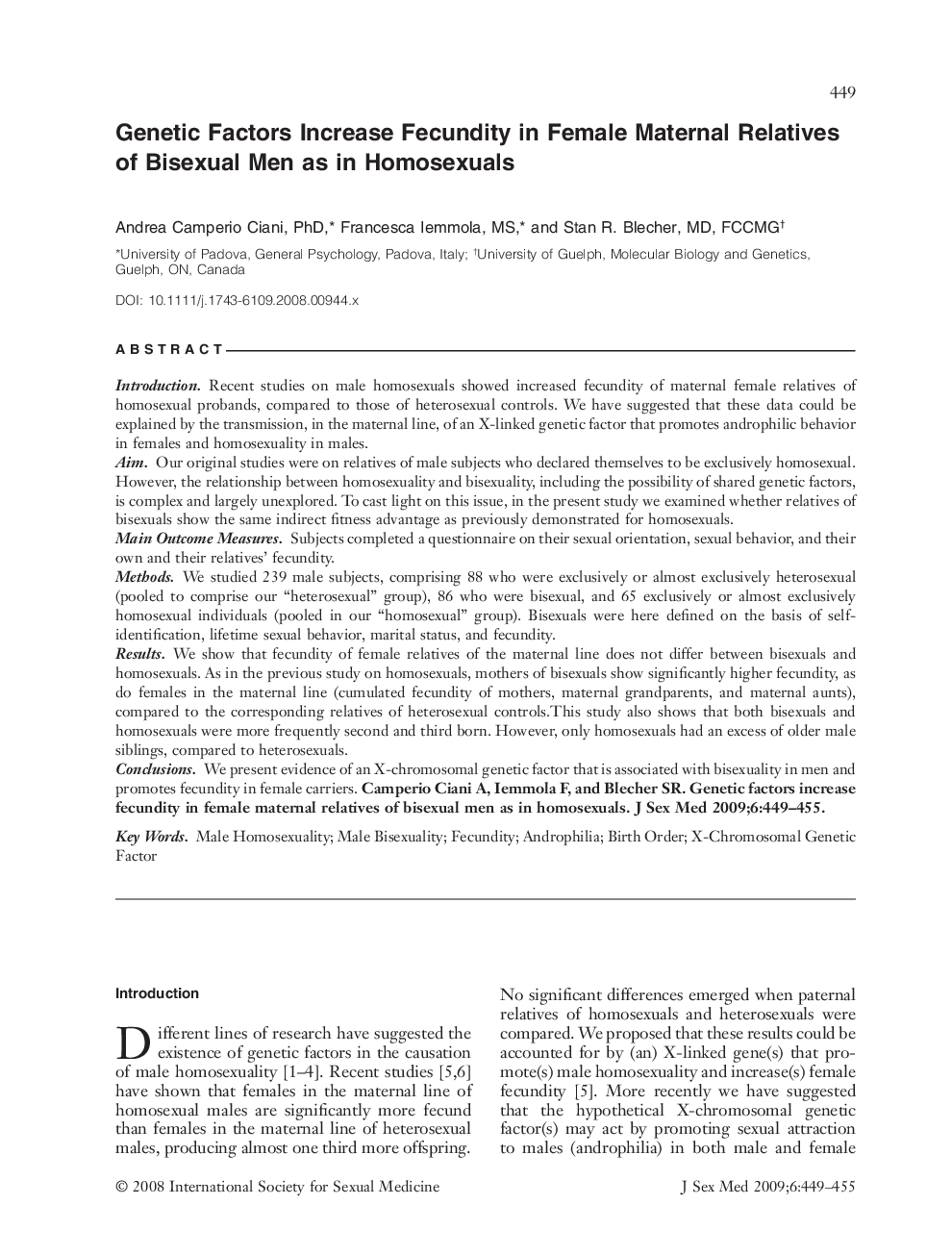 Genetic Factors Increase Fecundity in Female Maternal Relatives of Bisexual Men as in Homosexuals