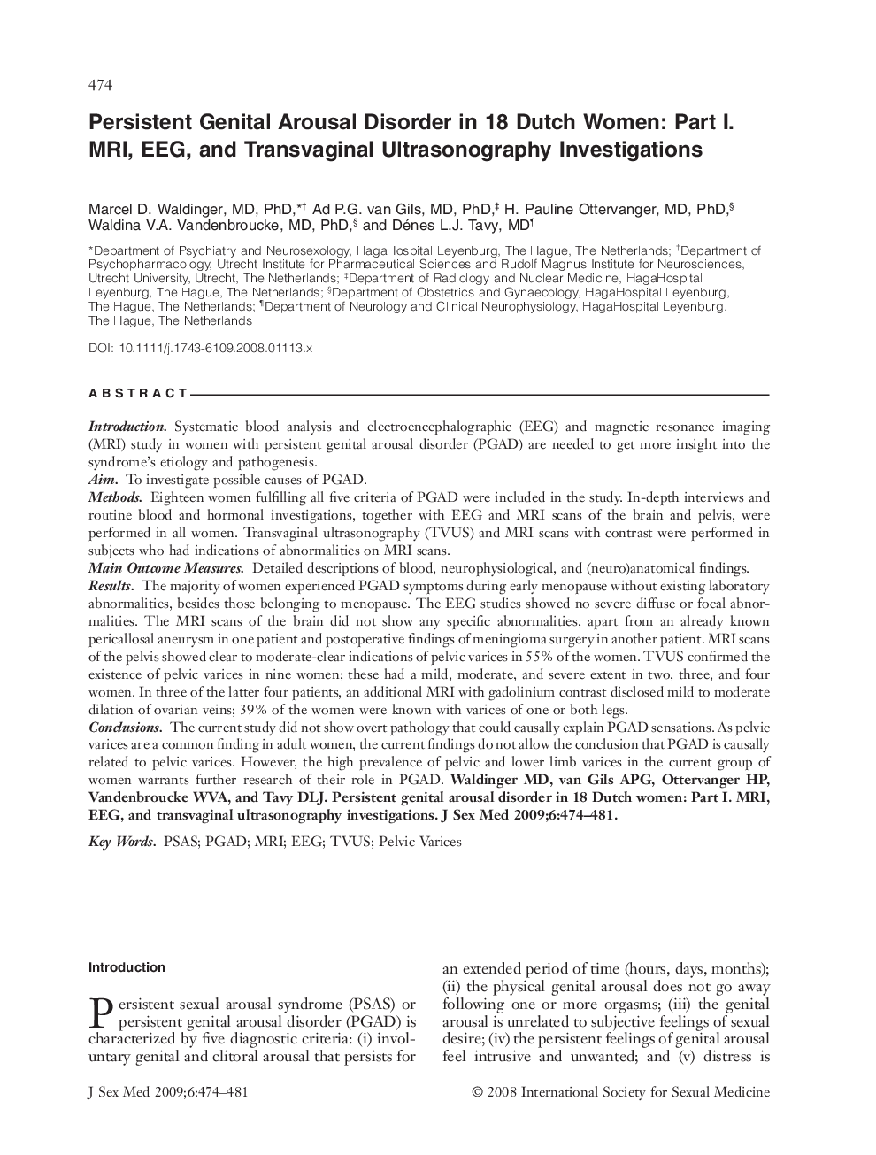 Persistent Genital Arousal Disorder in 18 Dutch Women: Part I. MRI, EEG, and Transvaginal Ultrasonography Investigations