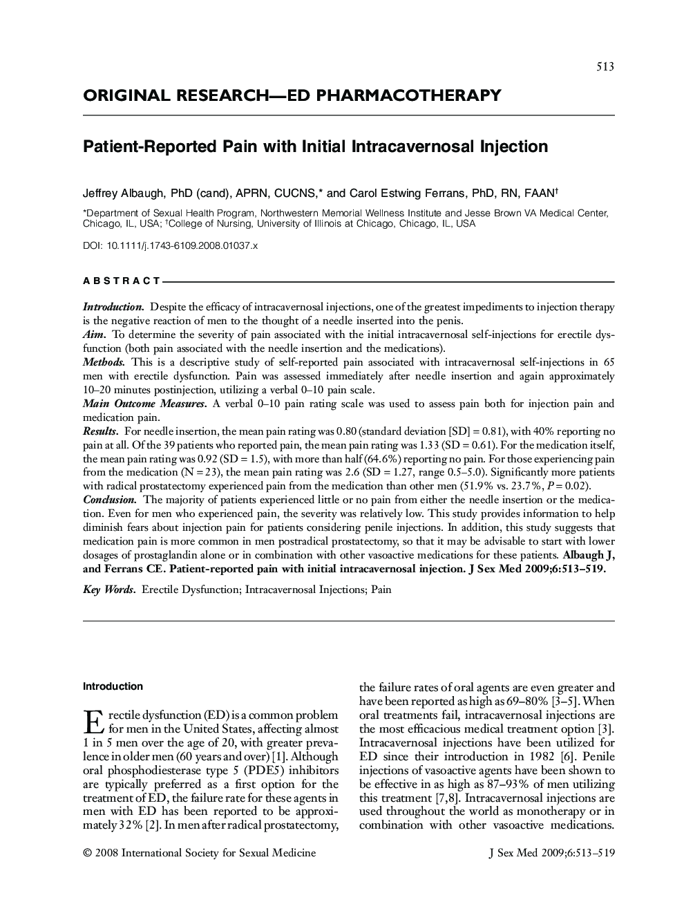 ORIGINAL RESEARCH-ED PHARMACOTHERAPY: Patient-Reported Pain with Initial Intracavernosal Injection