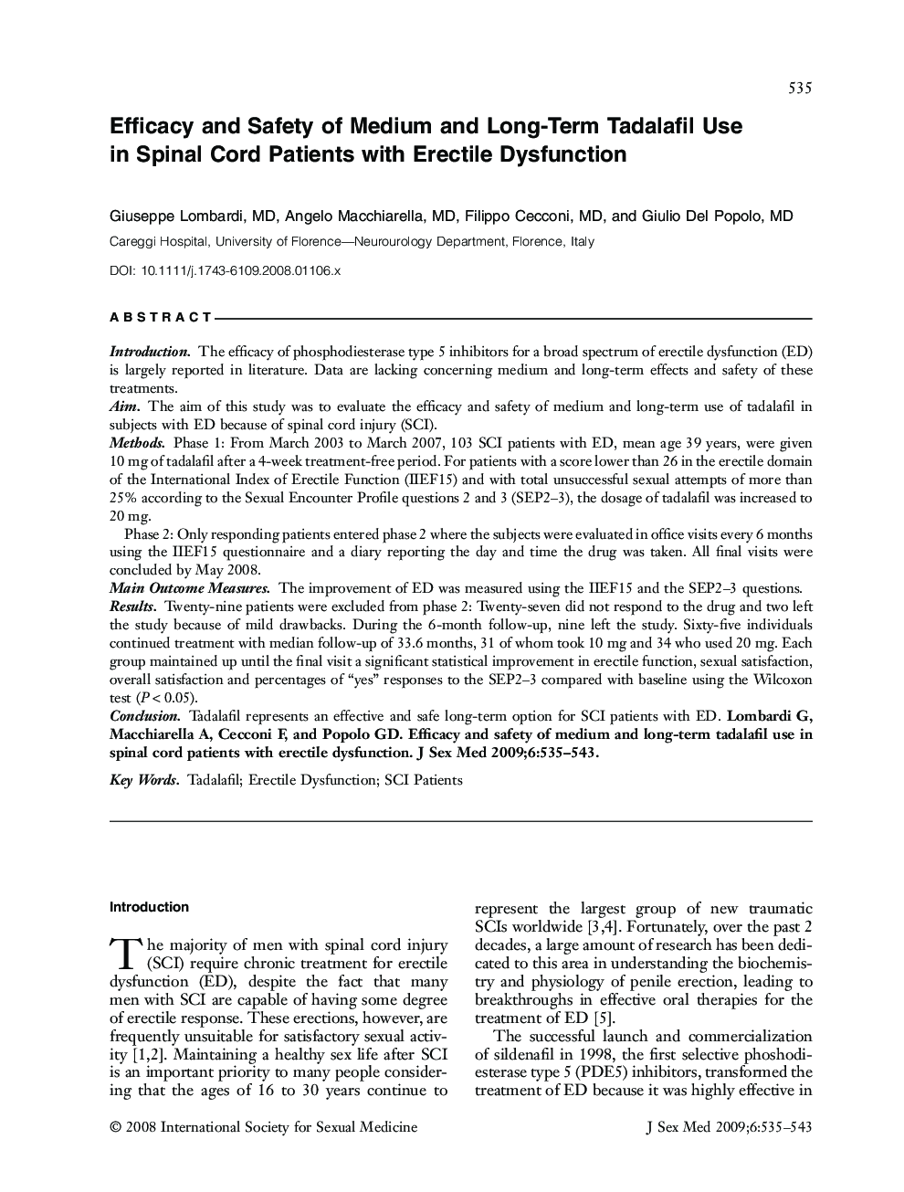 Efficacy and Safety of Medium and Long-Term Tadalafil Use in Spinal Cord Patients with Erectile Dysfunction