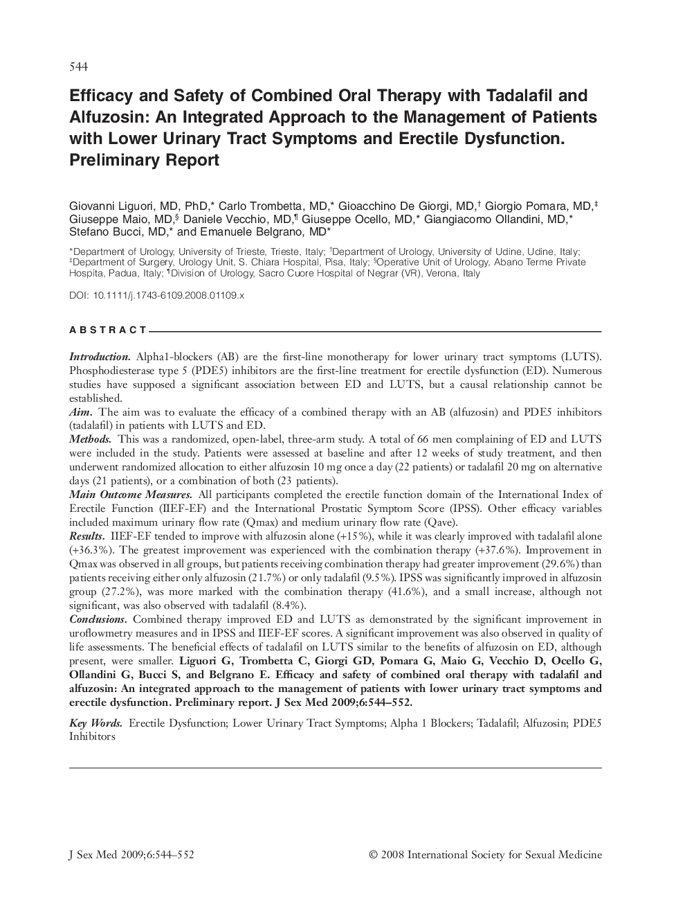 Efficacy and Safety of Combined Oral Therapy with Tadalafil and Alfuzosin: An Integrated Approach to the Management of Patients with Lower Urinary Tract Symptoms and Erectile Dysfunction. Preliminary Report