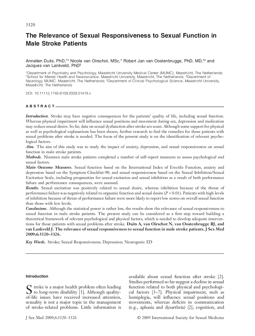 The Relevance of Sexual Responsiveness to Sexual Function in Male Stroke Patients