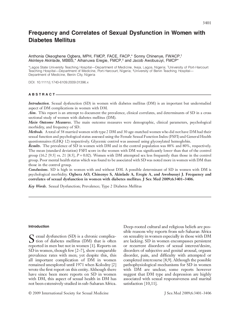 Frequency and Correlates of Sexual Dysfunction in Women with Diabetes Mellitus