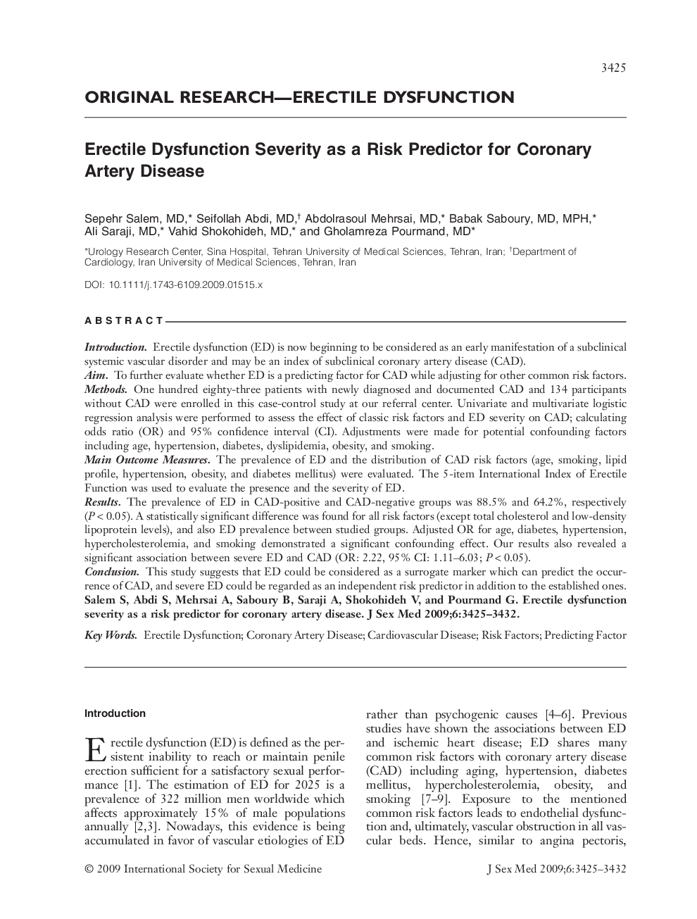 Erectile Dysfunction Severity as a Risk Predictor for Coronary Artery Disease