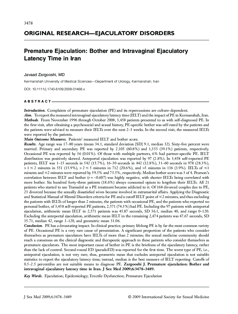Premature Ejaculation: Bother and Intravaginal Ejaculatory Latency Time in Iran