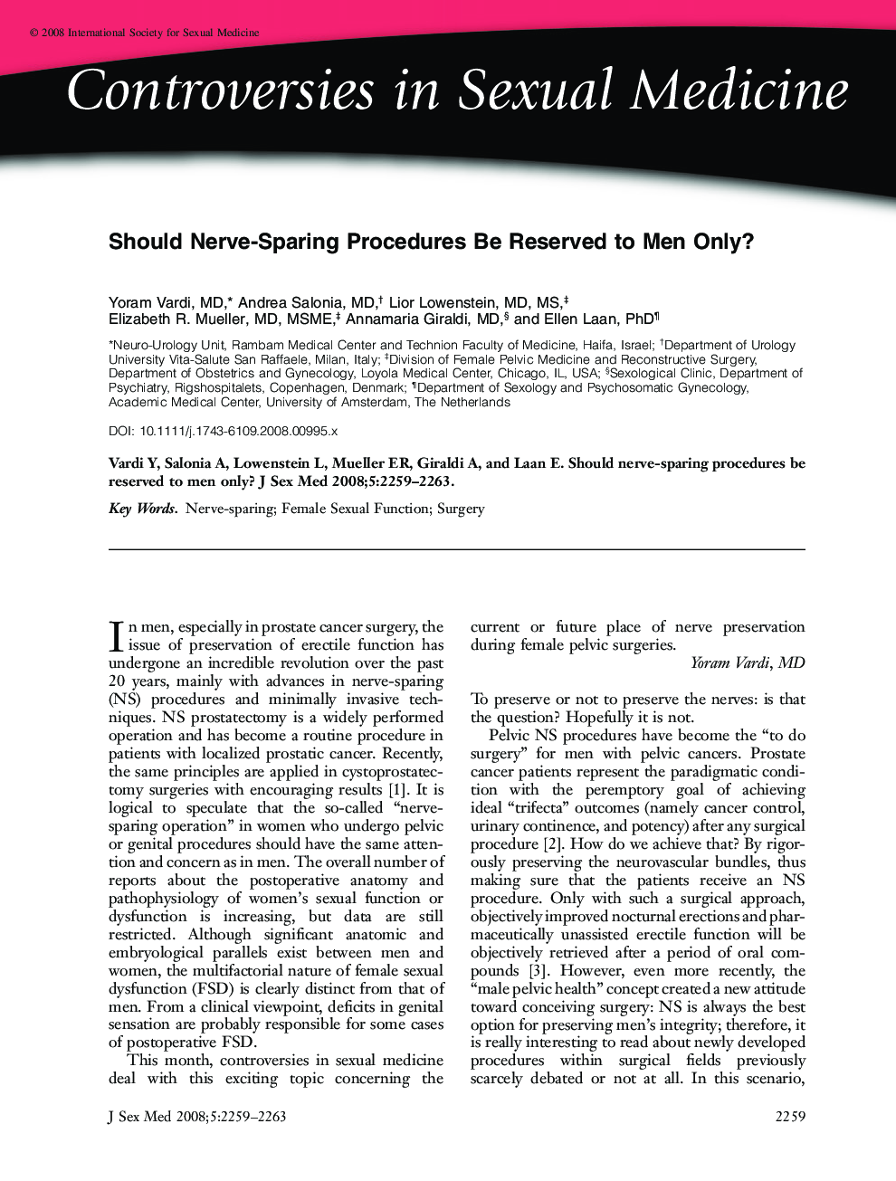 Should NerveâSparing Procedures Be Reserved to Men Only?