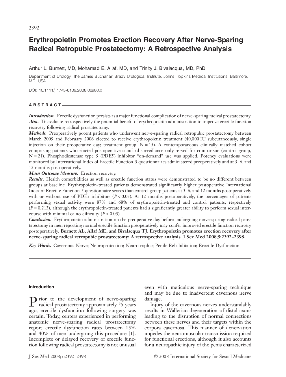 Erythropoietin Promotes Erection Recovery After NerveâSparing Radical Retropubic Prostatectomy: A Retrospective Analysis