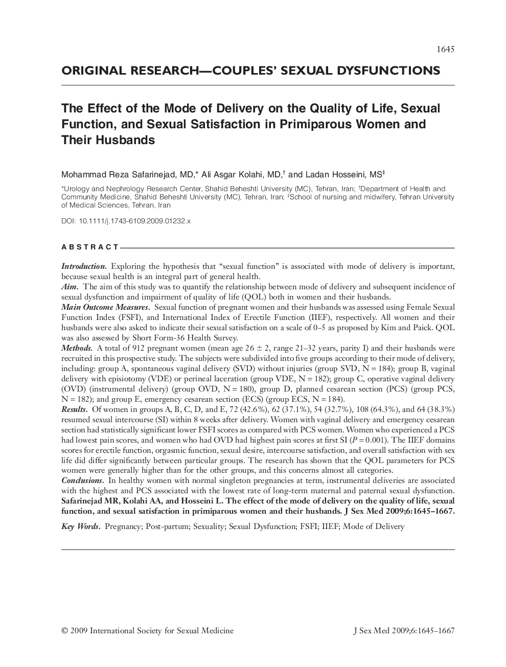 RETRACTED: The Effect of the Mode of Delivery on the Quality of Life, Sexual Function, and Sexual Satisfaction in Primiparous Women and Their Husbands
