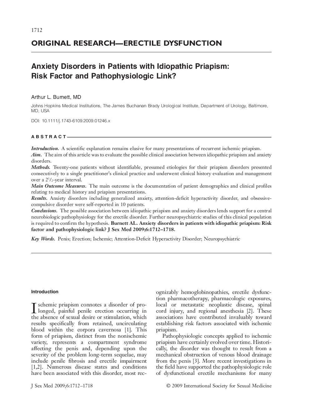 ORIGINAL RESEARCH-ERECTILE DYSFUNCTION: Anxiety Disorders in Patients with Idiopathic Priapism: Risk Factor and Pathophysiologic Link?