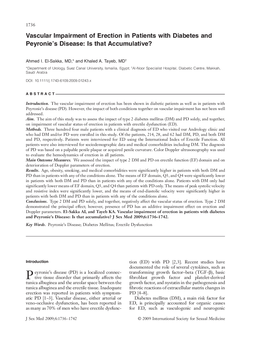 Vascular Impairment of Erection in Patients with Diabetes and Peyronie's Disease: Is that Accumulative?