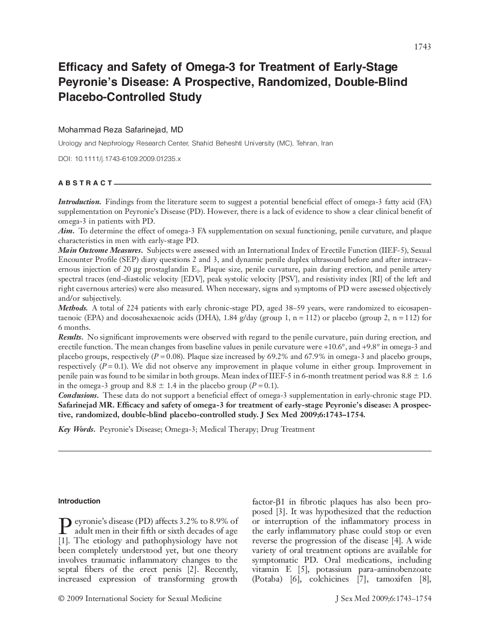 RETRACTED: Efficacy and Safety of Omega-3 for Treatment of Early-Stage Peyronie's Disease: A Prospective, Randomized, Double-Blind Placebo-Controlled Study