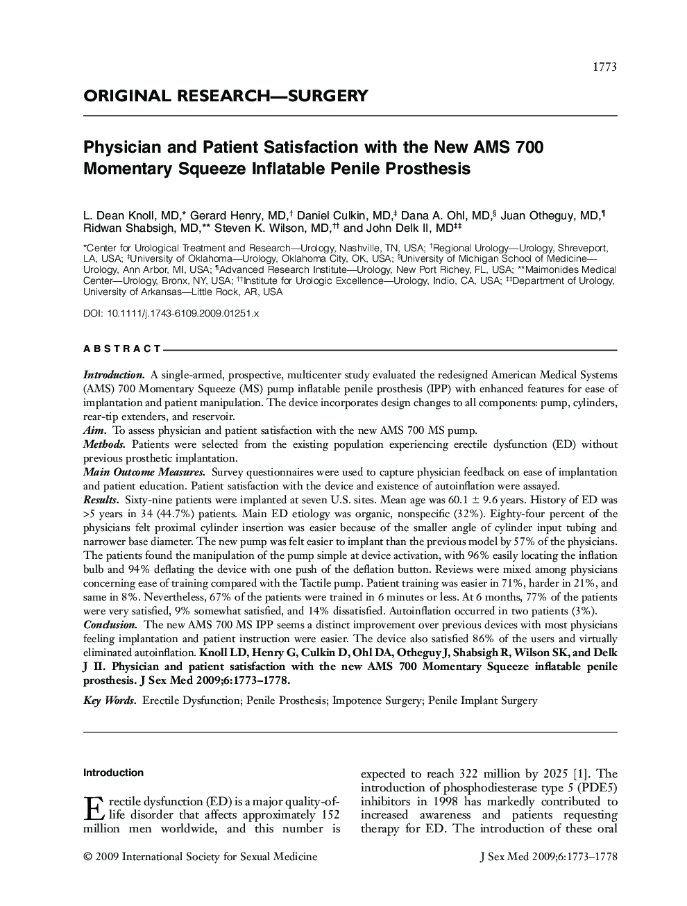 ORIGINAL RESEARCH-SURGERY: Physician and Patient Satisfaction with the New AMS 700 Momentary Squeeze Inflatable Penile Prosthesis