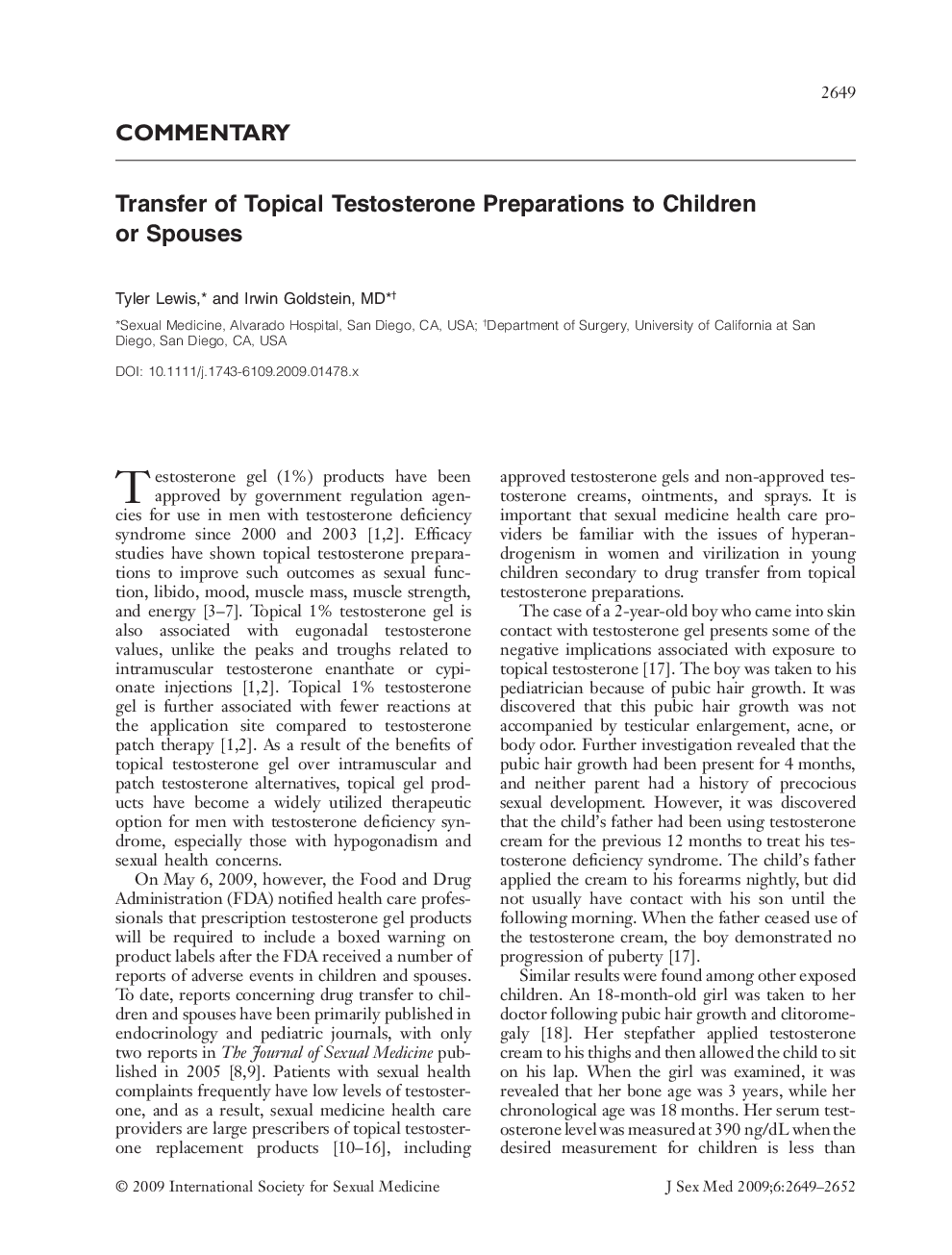 COMMENTARY: Transfer of Topical Testosterone Preparations to Children or Spouses