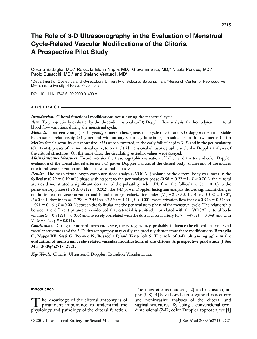 The Role of 3-D Ultrasonography in the Evaluation of Menstrual Cycle-Related Vascular Modifications of the Clitoris. A Prospective Pilot Study