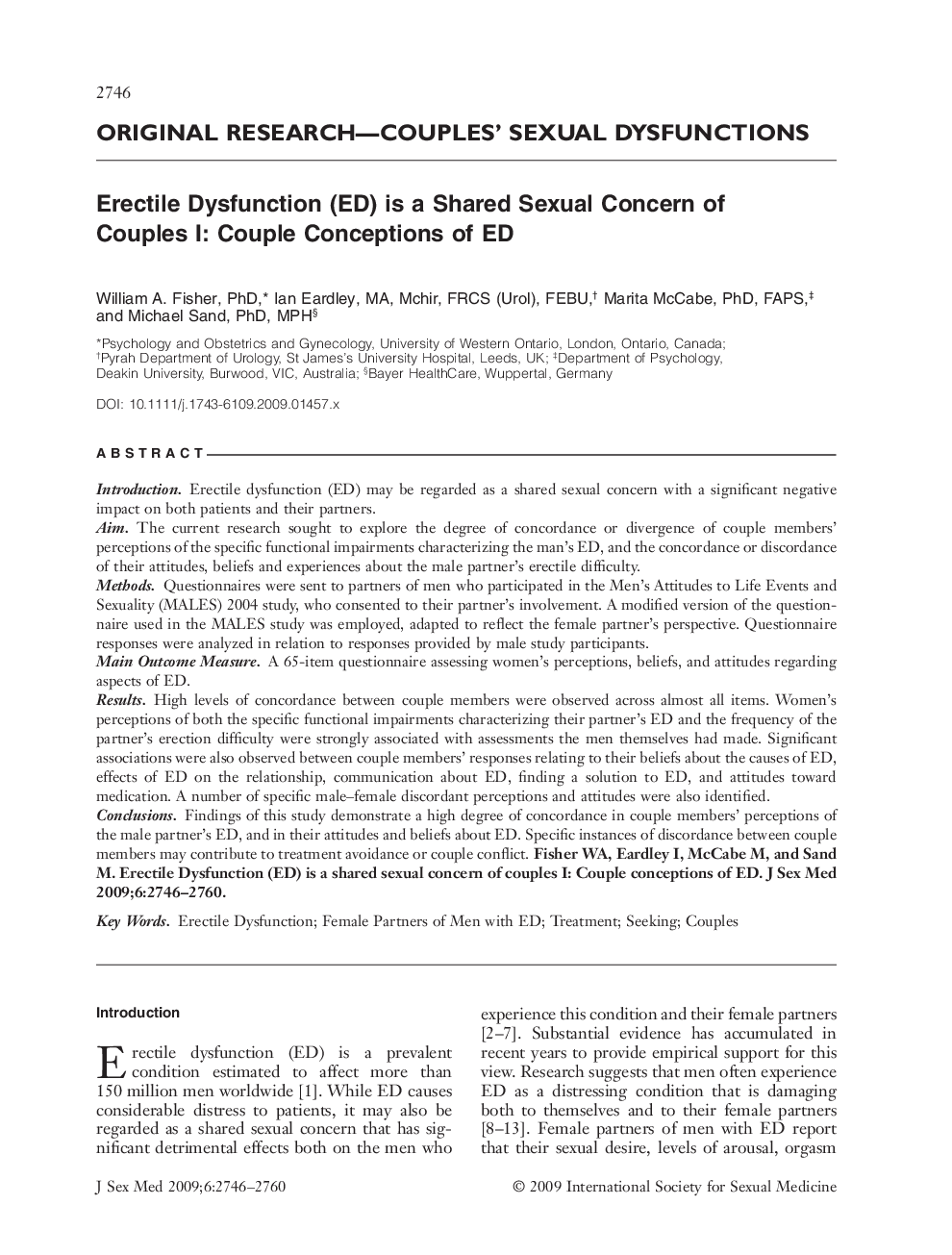 ORIGINAL RESEARCH-COUPLES' SEXUAL DYSFUNCTIONS: Erectile Dysfunction (ED) is a Shared Sexual Concern of Couples I: Couple Conceptions of ED