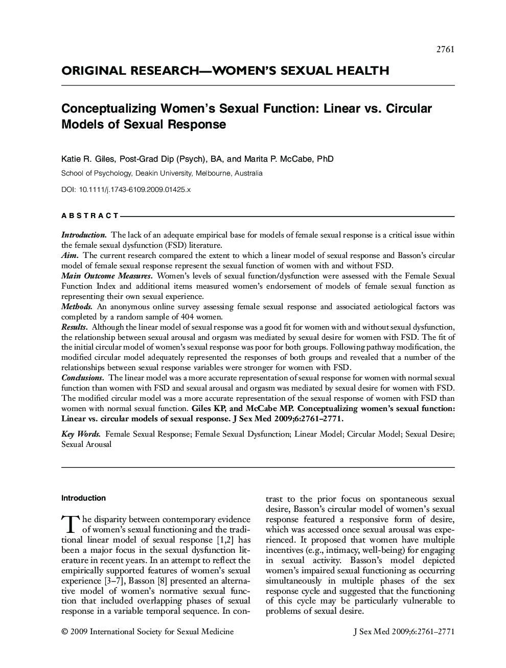 ORIGINAL RESEARCH-WOMEN'S SEXUAL HEALTH: Conceptualizing Women's Sexual Function: Linear vs. Circular Models of Sexual Response