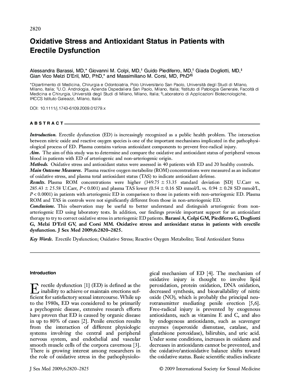 Oxidative Stress and Antioxidant Status in Patients with Erectile Dysfunction
