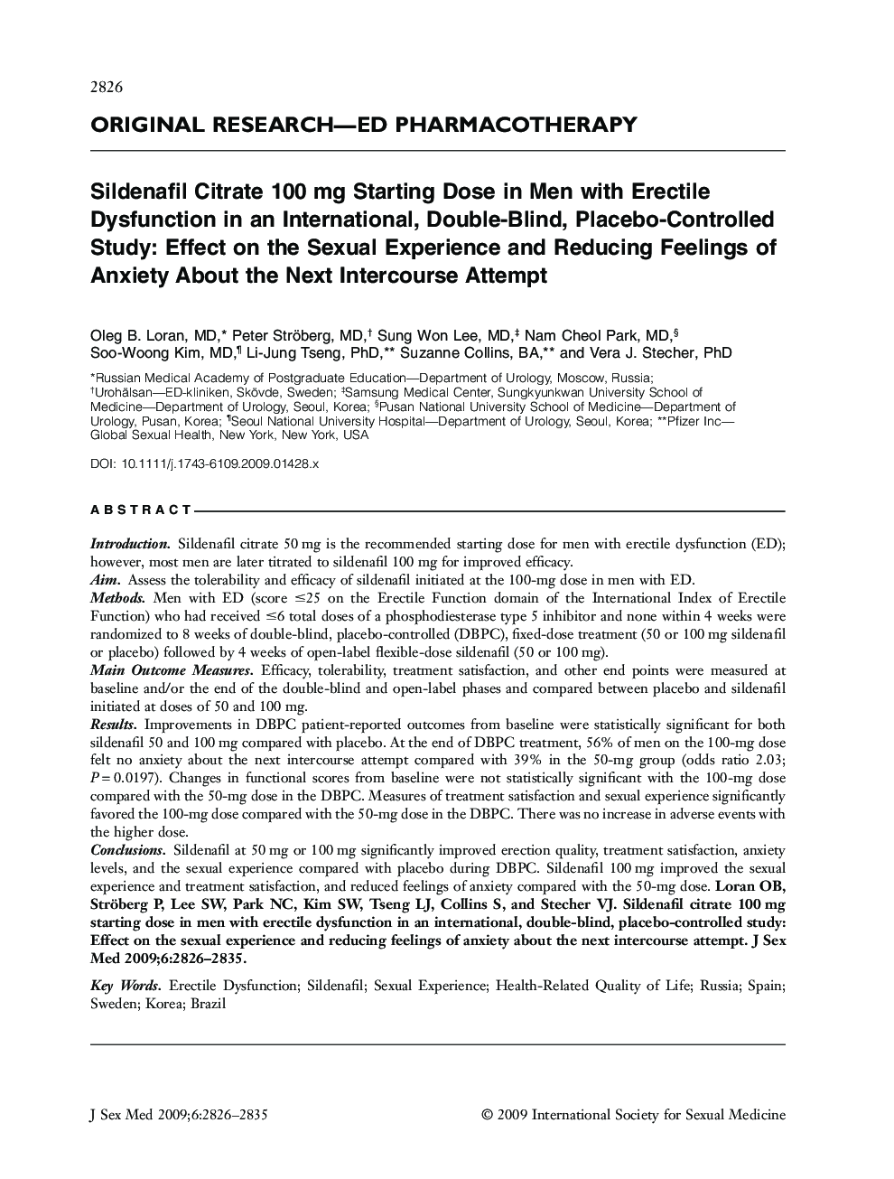 ORIGINAL RESEARCH-ED PHARMACOTHERAPY: Sildenafil Citrate 100 mg Starting Dose in Men with Erectile Dysfunction in an International, Double-Blind, Placebo-Controlled Study: Effect on the Sexual Experience and Reducing Feelings of Anxiety About the Next Int