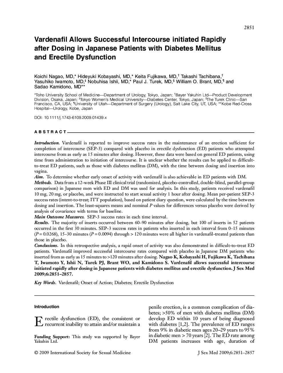 Vardenafil Allows Successful Intercourse initiated Rapidly after Dosing in Japanese Patients with Diabetes Mellitus and Erectile Dysfunction