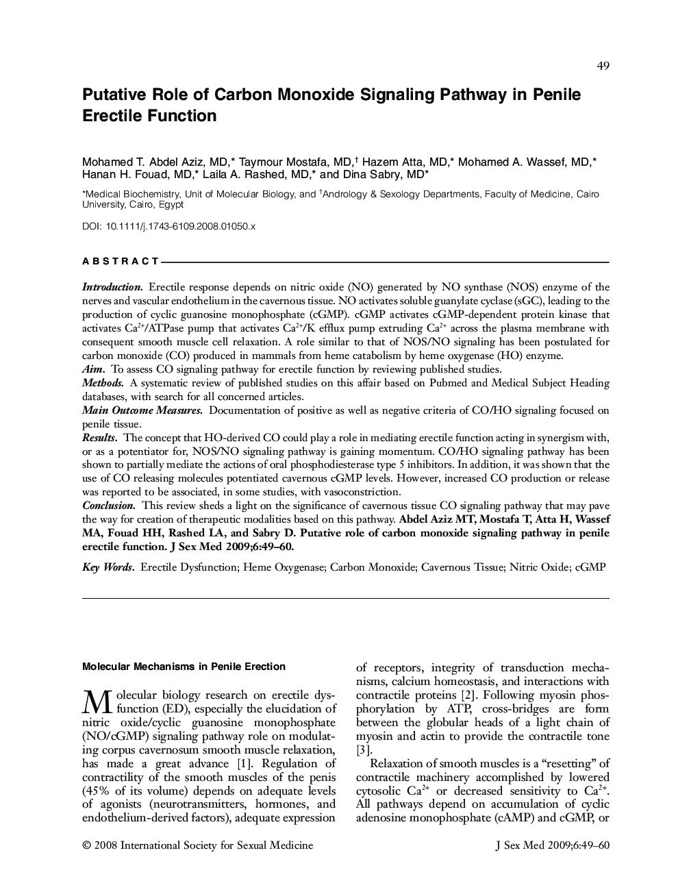 Putative Role of Carbon Monoxide Signaling Pathway in Penile Erectile Function